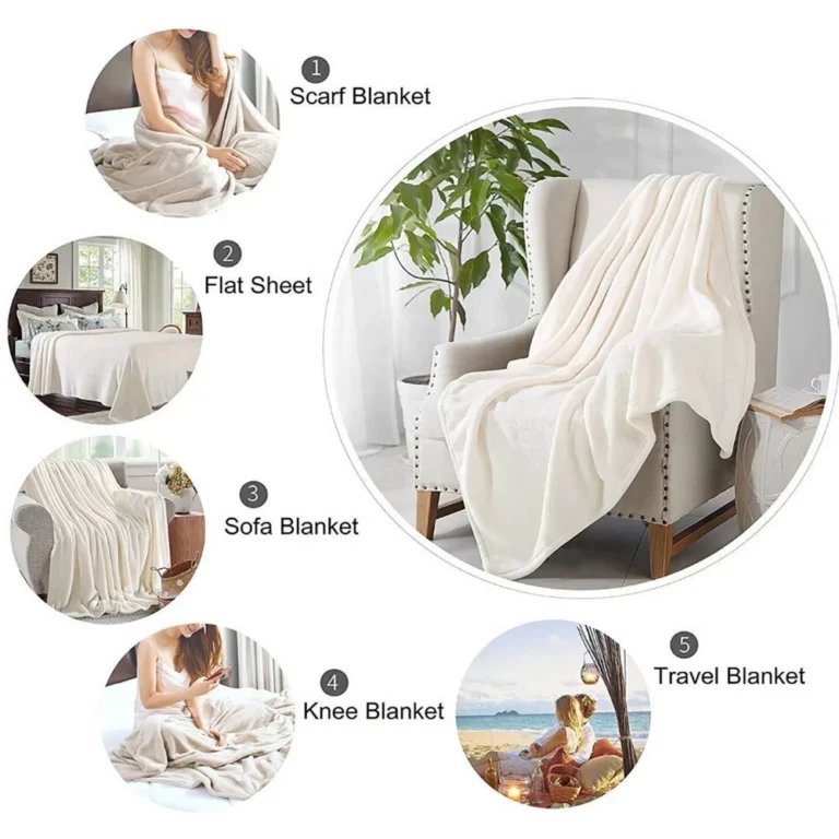 Five ways to use a throw blanket: worn as a scarf, spread as a flat sheet, draped over a sofa, tucked over the knees, and packed as a travel blanket