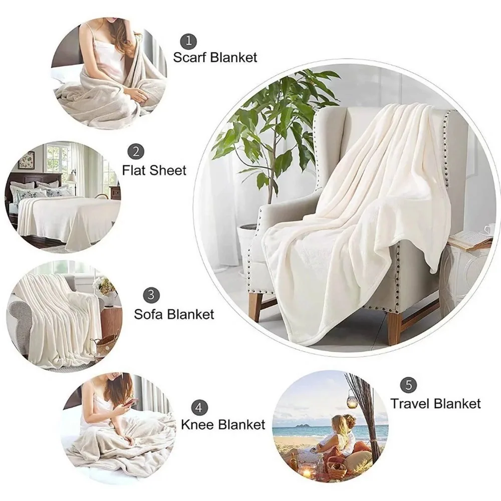 Five ways to use a throw blanket: worn as a scarf, spread as a flat sheet, draped over a sofa, tucked over the knees, and packed as a travel blanket