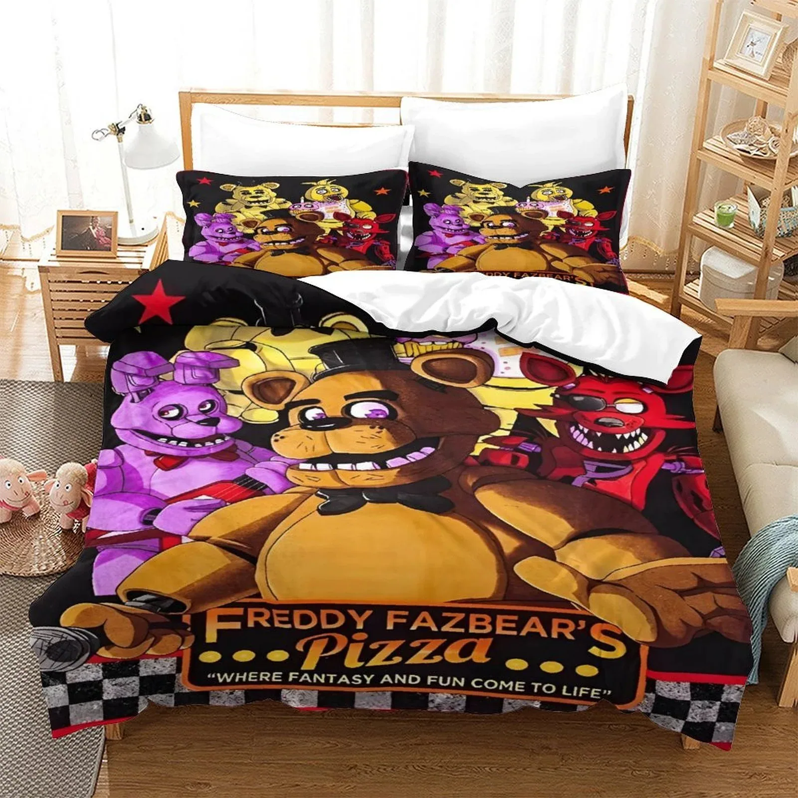 FNAF Five Nights at Freddy's Fazbear Pizza Gold Duvet Cover Set - Image 1