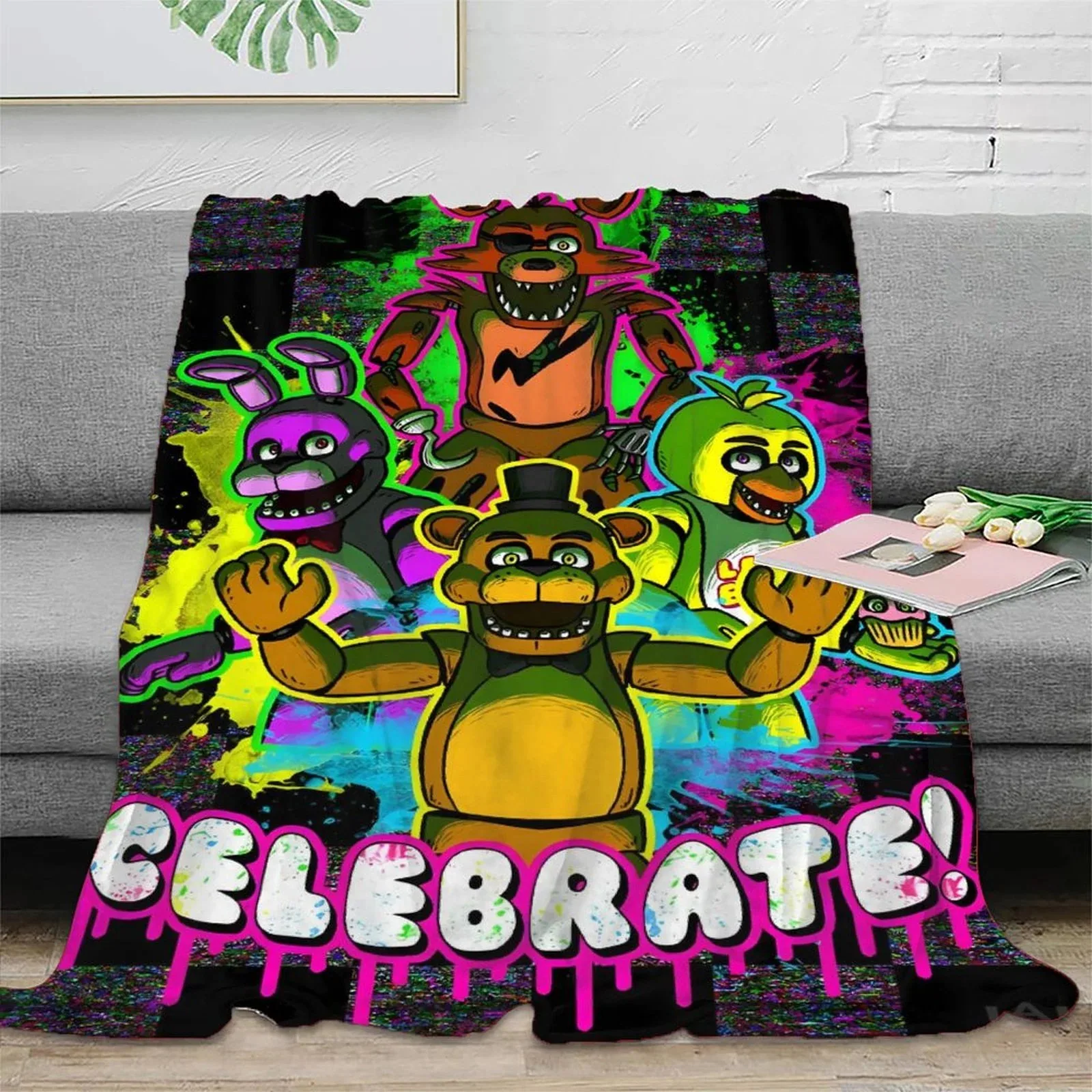 FNAF Five Nights at Freddy's Celebrate Neon Graffiti Fleece Throw Blanket - Image 2