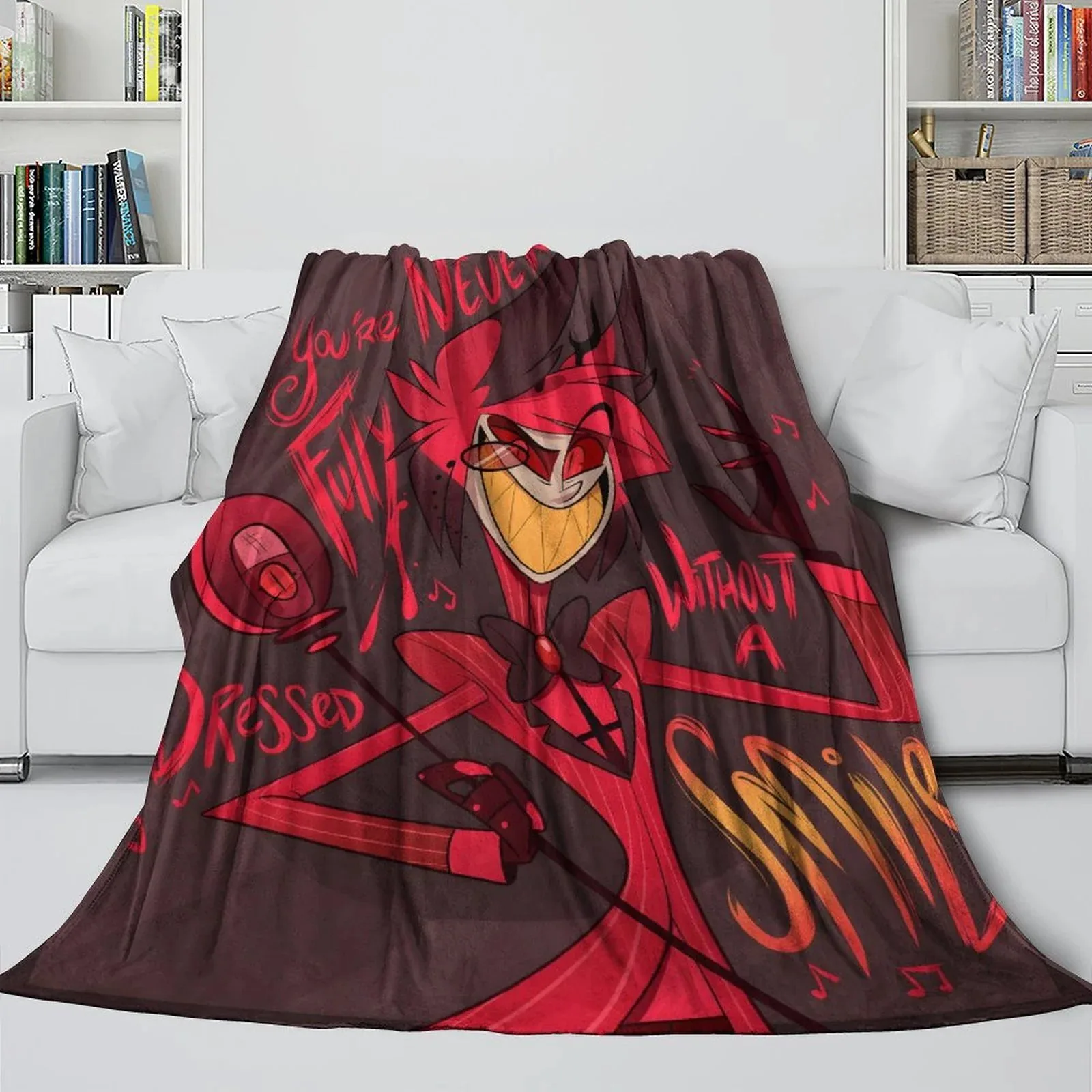 Hazbin Hotel Smile Maroon Alastor Fleece Throw Blanket - Image 3