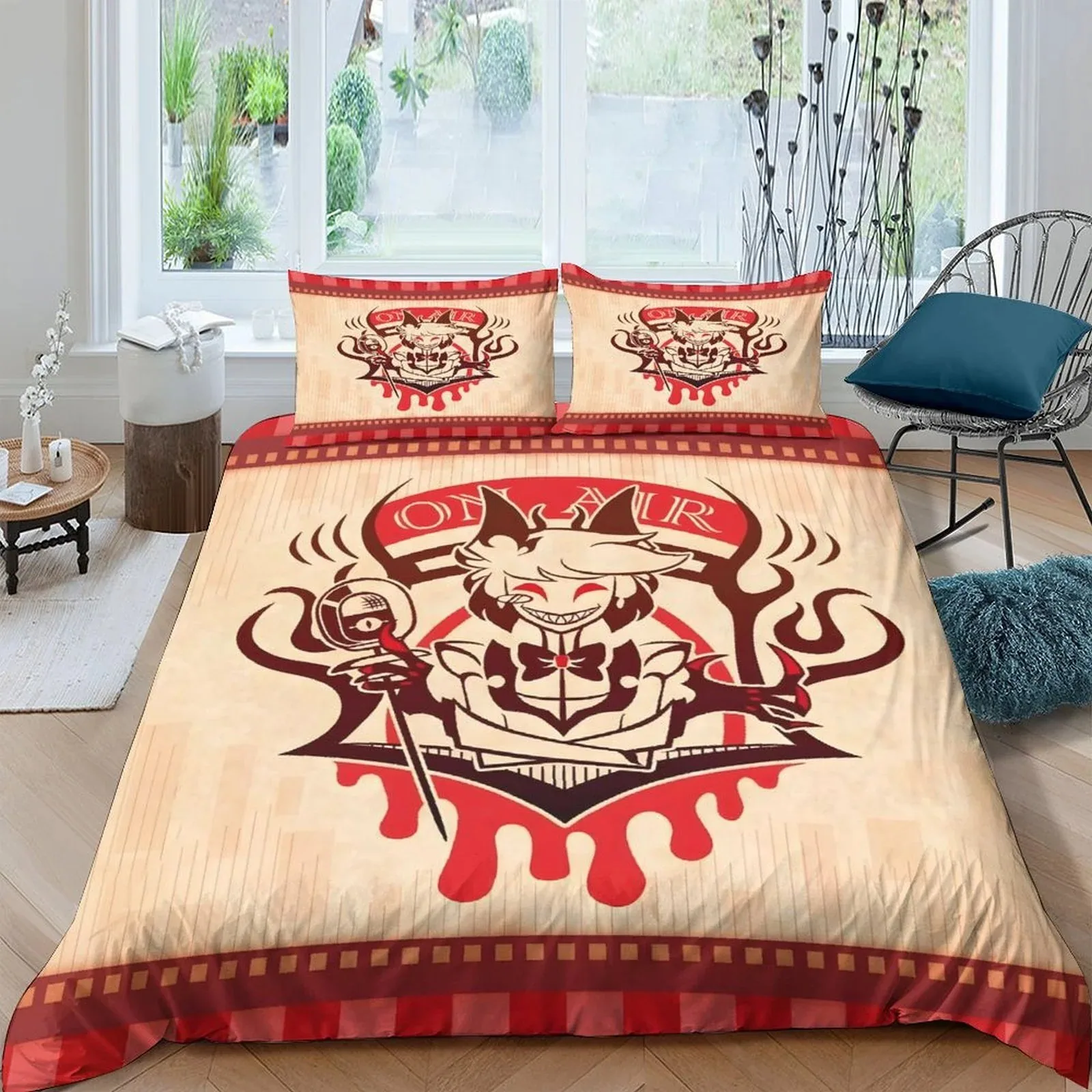 Hazbin Hotel Crimson Crest Cream Duvet Cover Set - Image 1