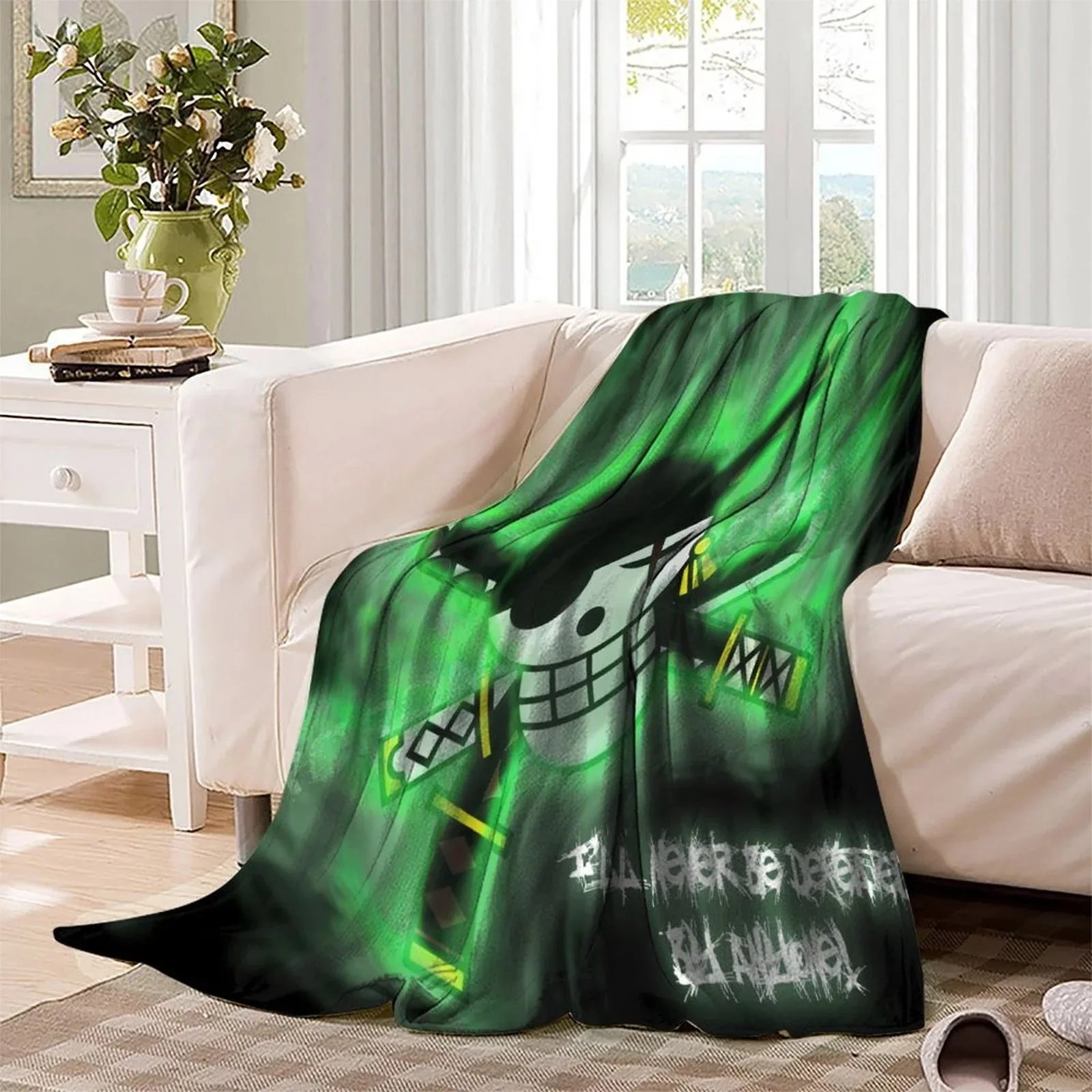 One Piece Zoro Green Skull Emblem Fleece Throw Blanket - Image 3