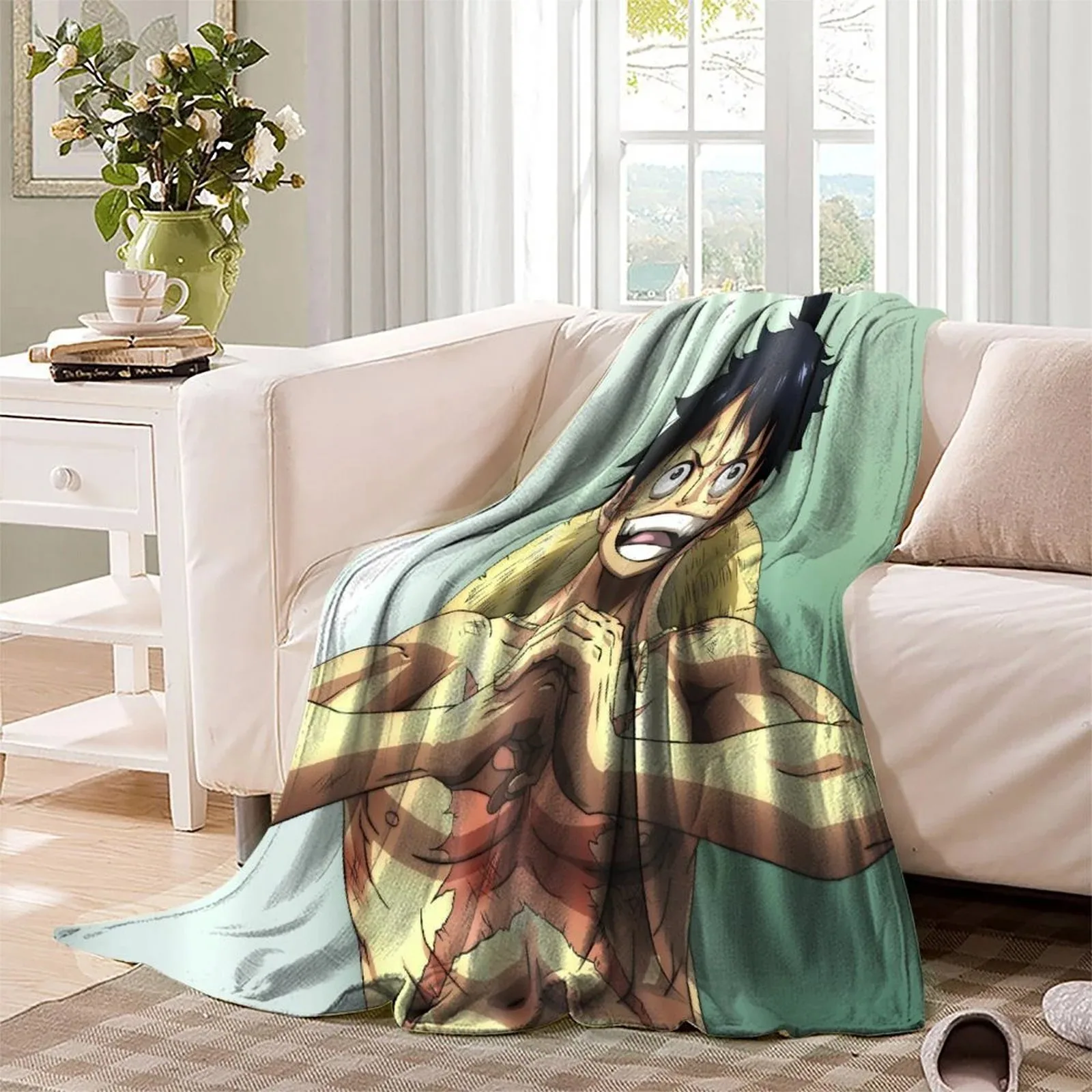 One Piece Luffy Heart Hands Mint Fleece Throw Blanket - Image 3