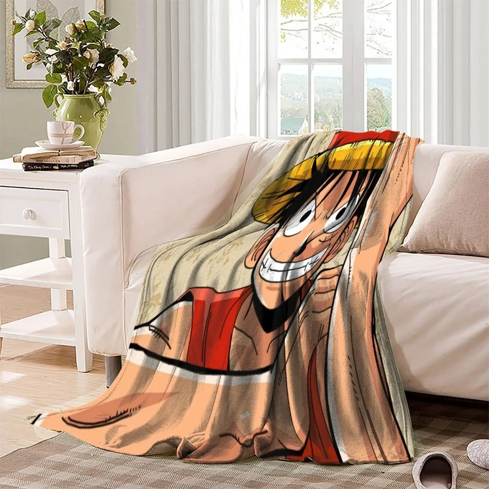 One Piece Straw Hat Grin Cream Fleece Throw Blanket - Image 3