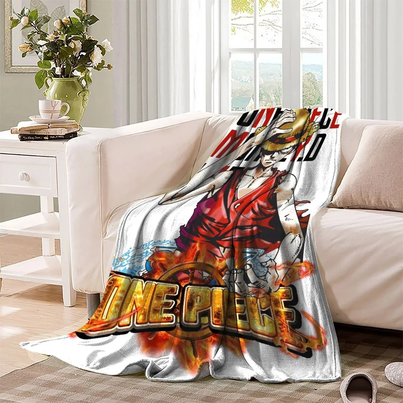 One Piece Luffy Straw Hat Logo White Fleece Throw Blanket - Image 3