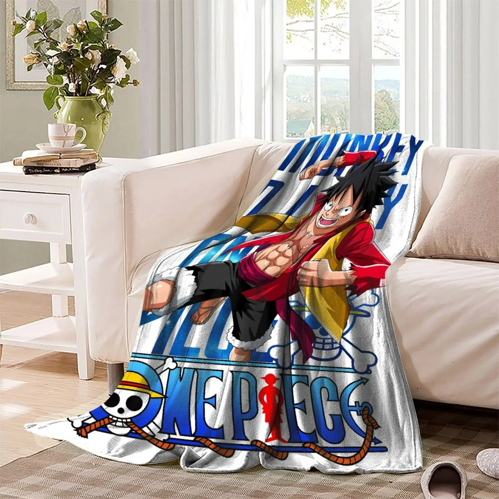 One Piece Luffy Blue Type Logo Fleece Throw Blanket - Image 3