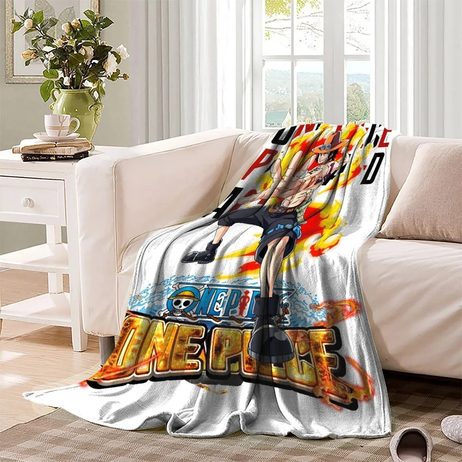 One Piece Ace Fire White Fleece Throw Blanket - Image 3