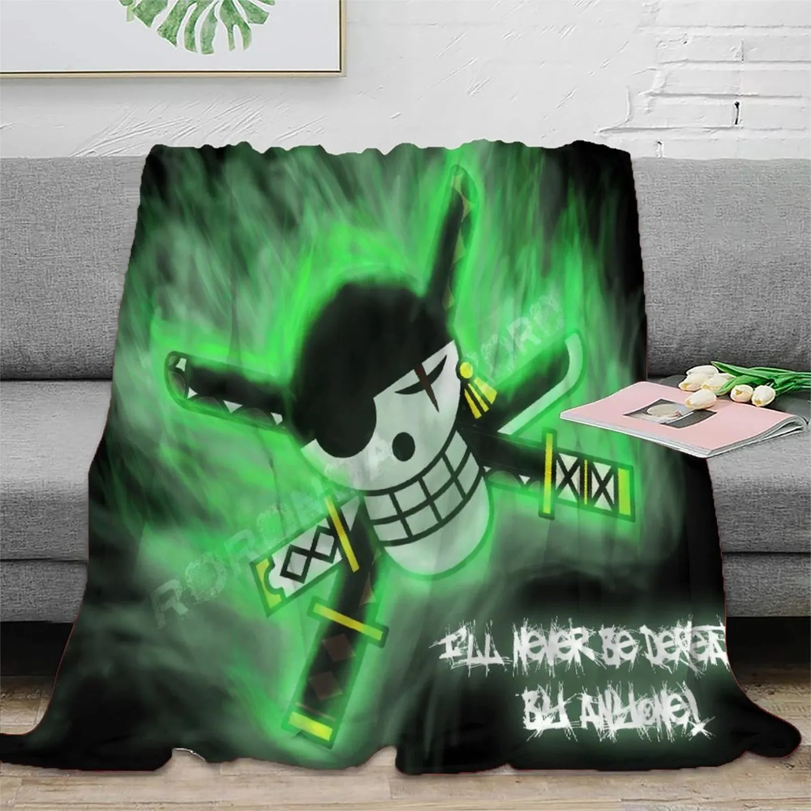 One Piece Zoro Green Skull Emblem Fleece Throw Blanket - Image 2
