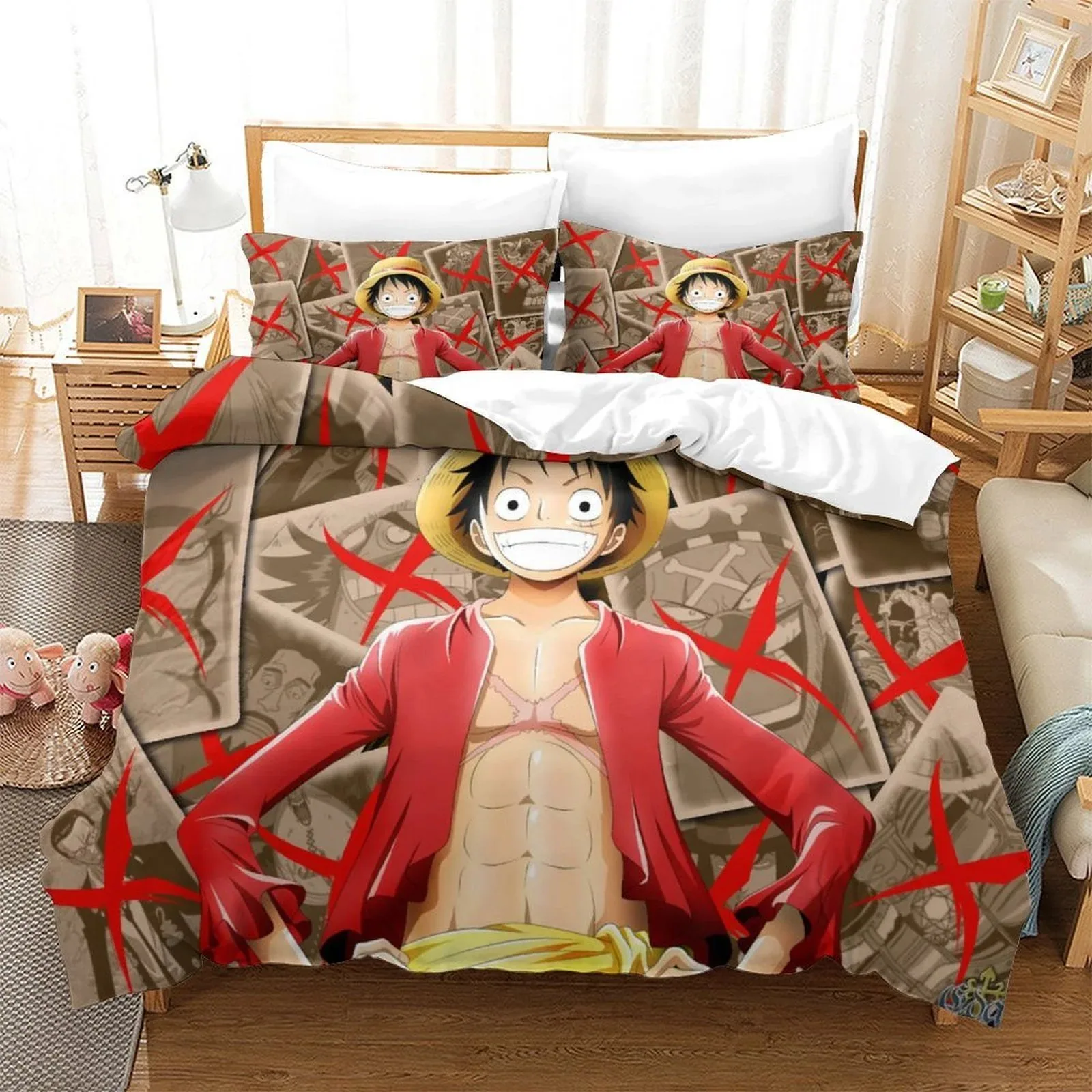 One Piece Red Cross Tan Duvet Cover Set - Image 1