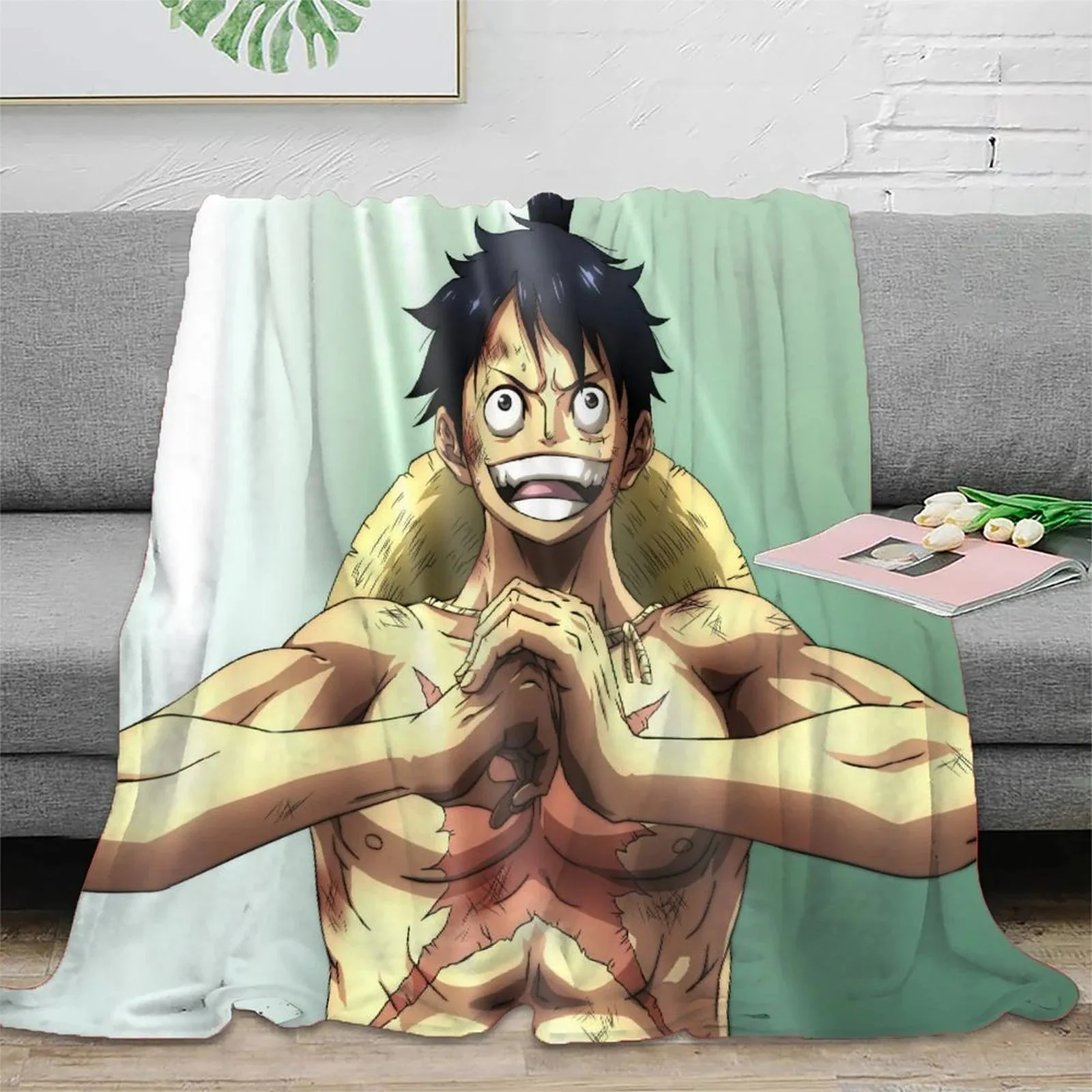 One Piece Luffy Heart Hands Mint Fleece Throw Blanket - Image 2