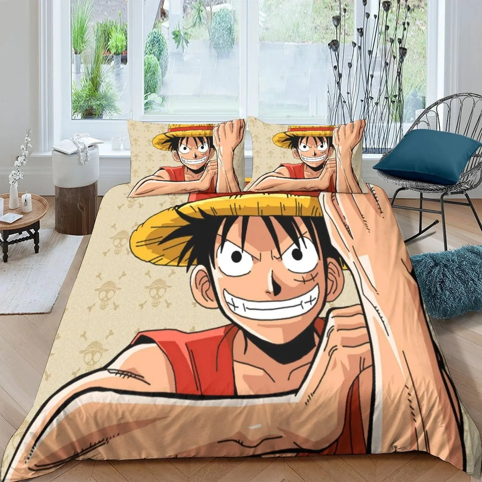 One Piece Luffy Straw Hat Grin Cream Duvet Cover Set - Image 2