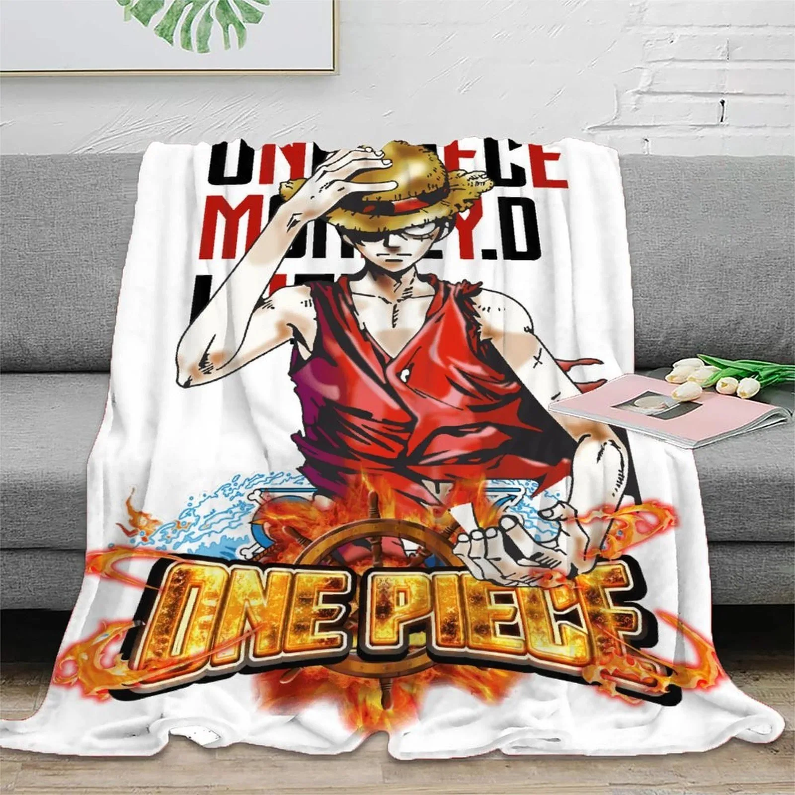 One Piece Luffy Straw Hat Logo White Fleece Throw Blanket - Image 2