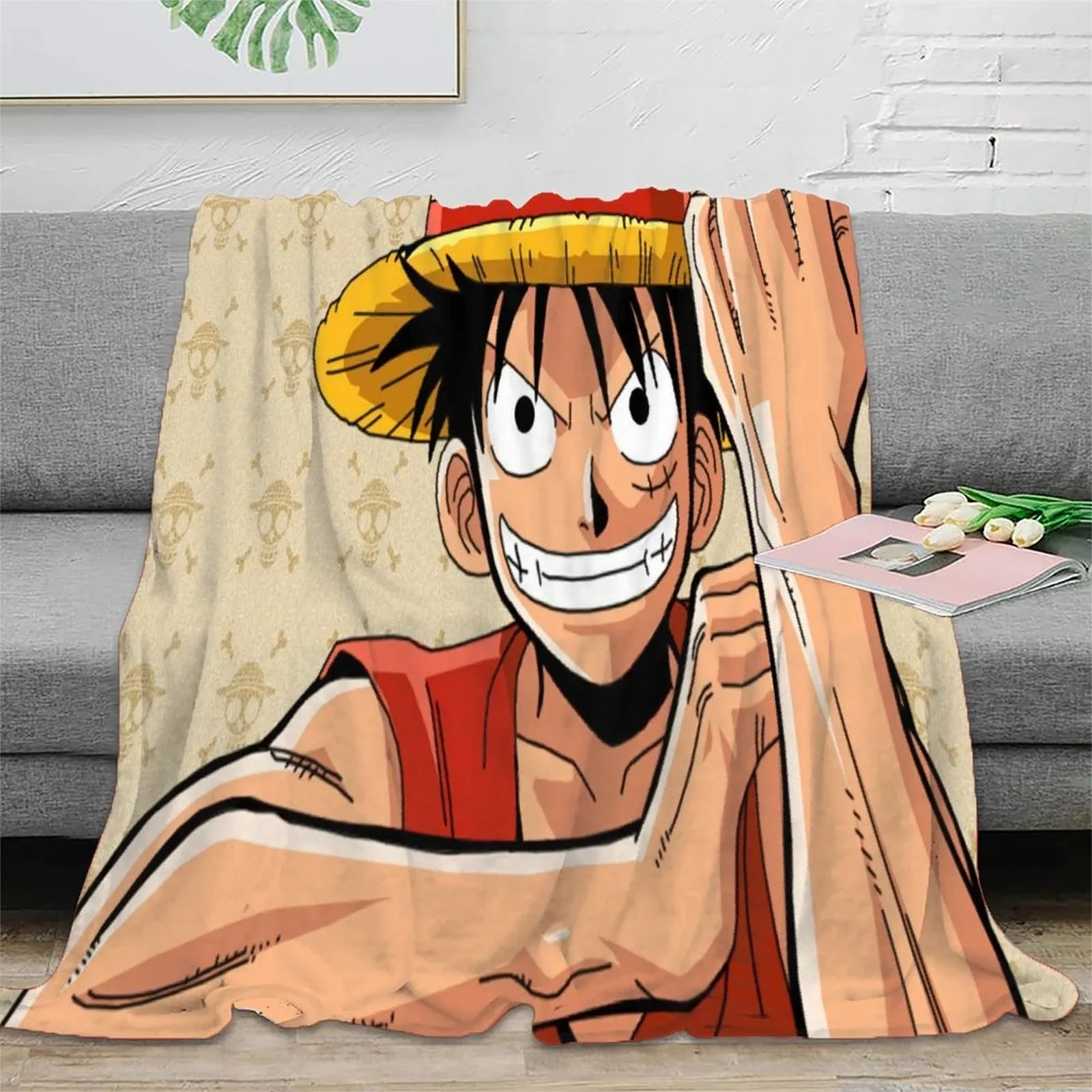One Piece Straw Hat Grin Cream Fleece Throw Blanket - Image 2