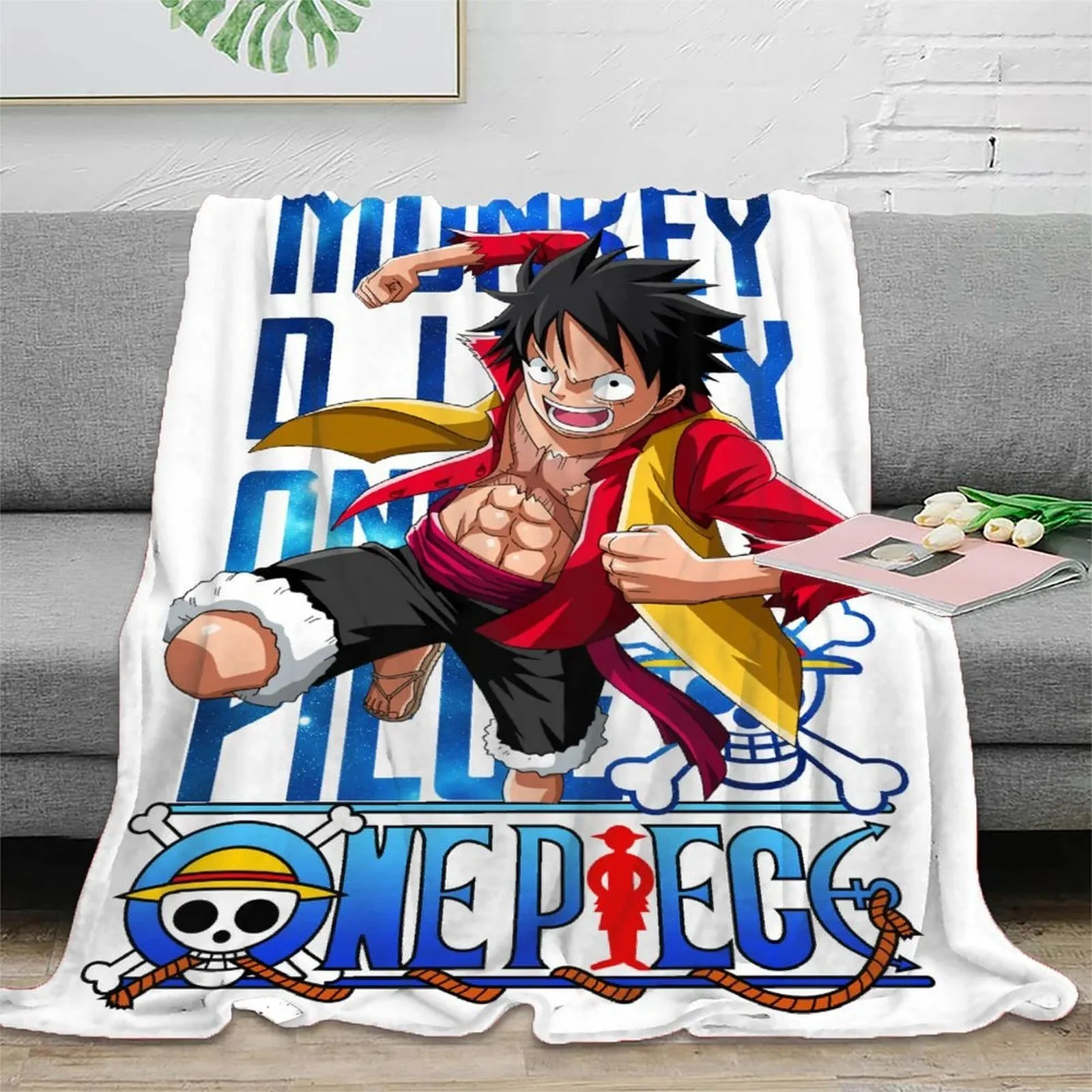 One Piece Luffy Blue Type Logo Fleece Throw Blanket - Image 2