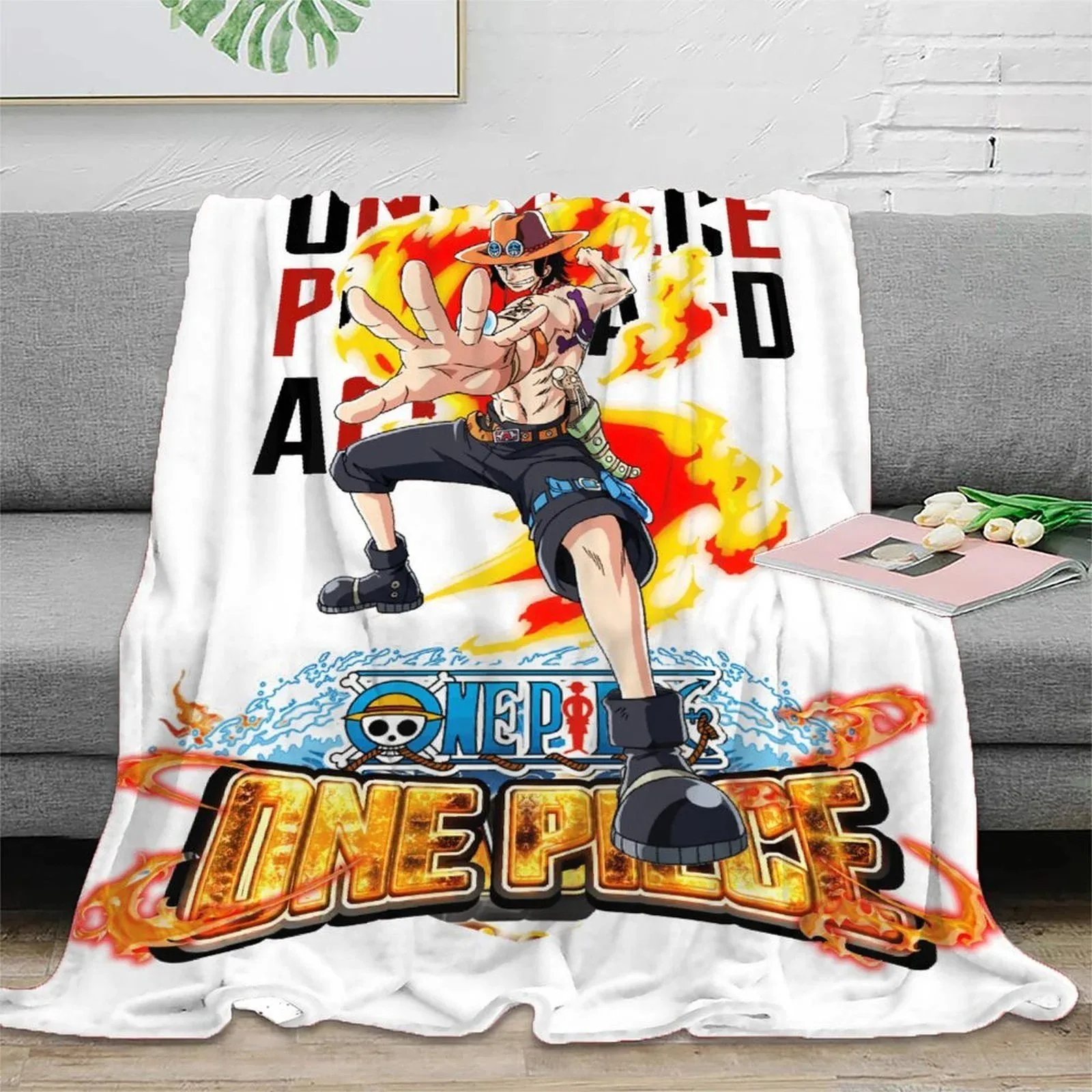 One Piece Ace Fire White Fleece Throw Blanket - Image 2