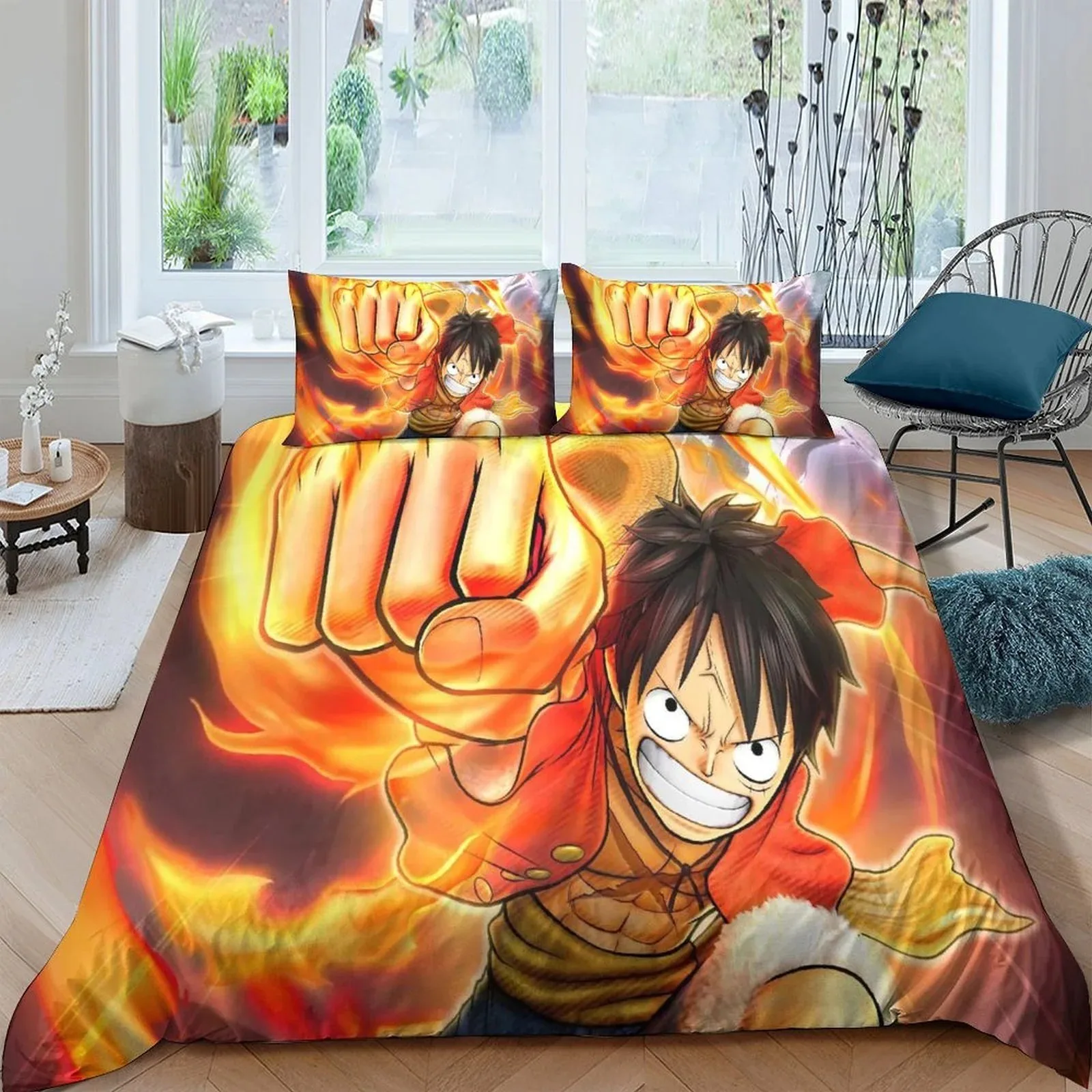 One Piece Luffy Fire Fist Orange Duvet Cover Set - Image 1