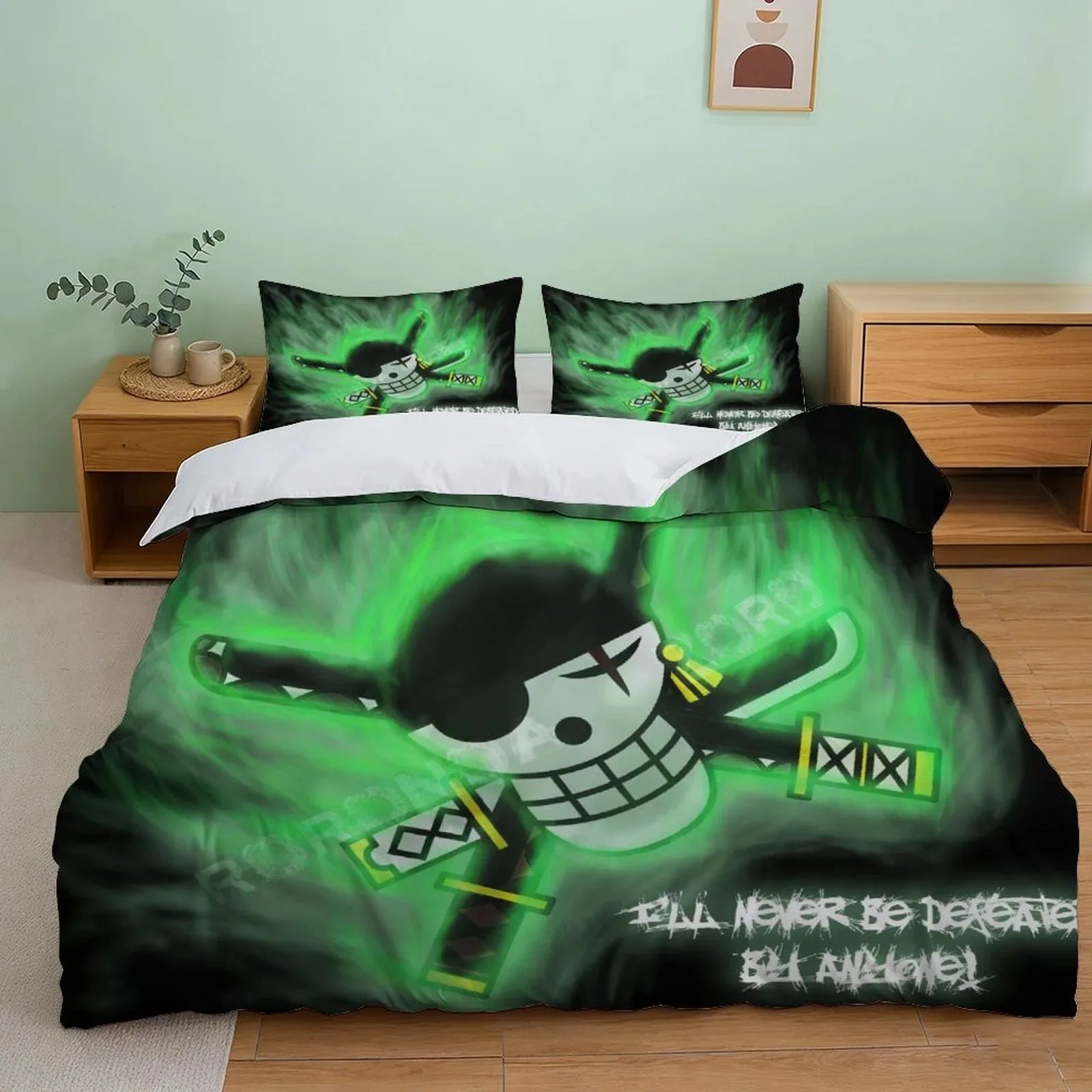 One Piece Zoro Green Skull Emblem Duvet Cover Set - Image 1