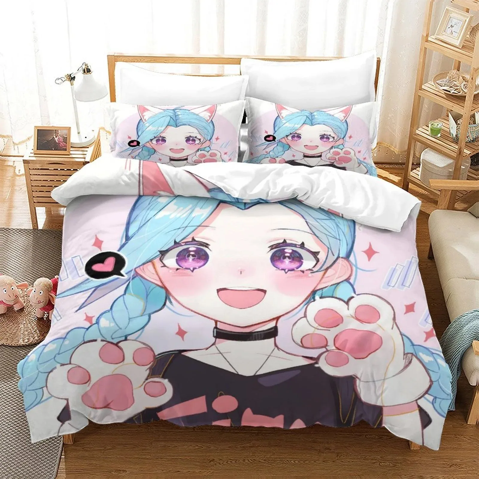 Arcane Jinx Chibi Cat Paws Pastel Duvet Cover Set - Image 1
