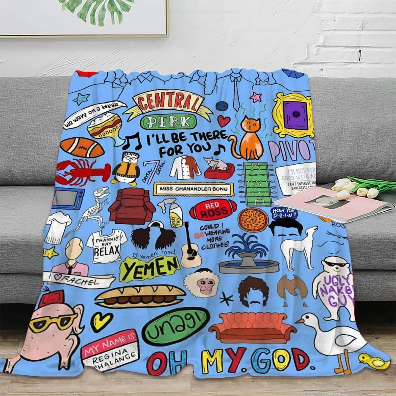 Friends Central Perk Doodle Blue Fleece Throw Blanket - Image 1