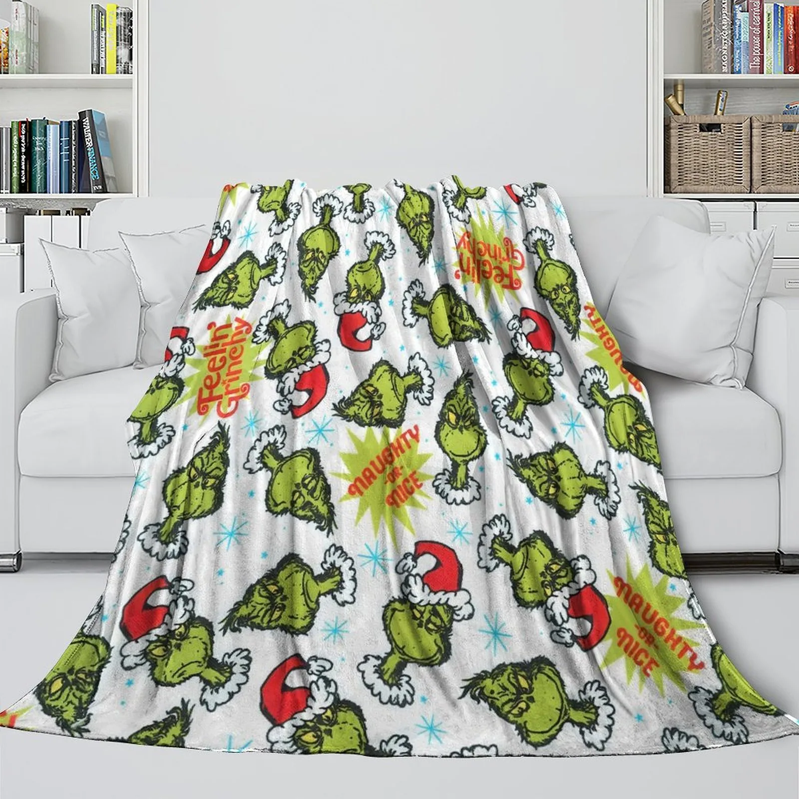 Grinch Feelin' Grinchy Faces White Fleece Throw Blanket - Image 2