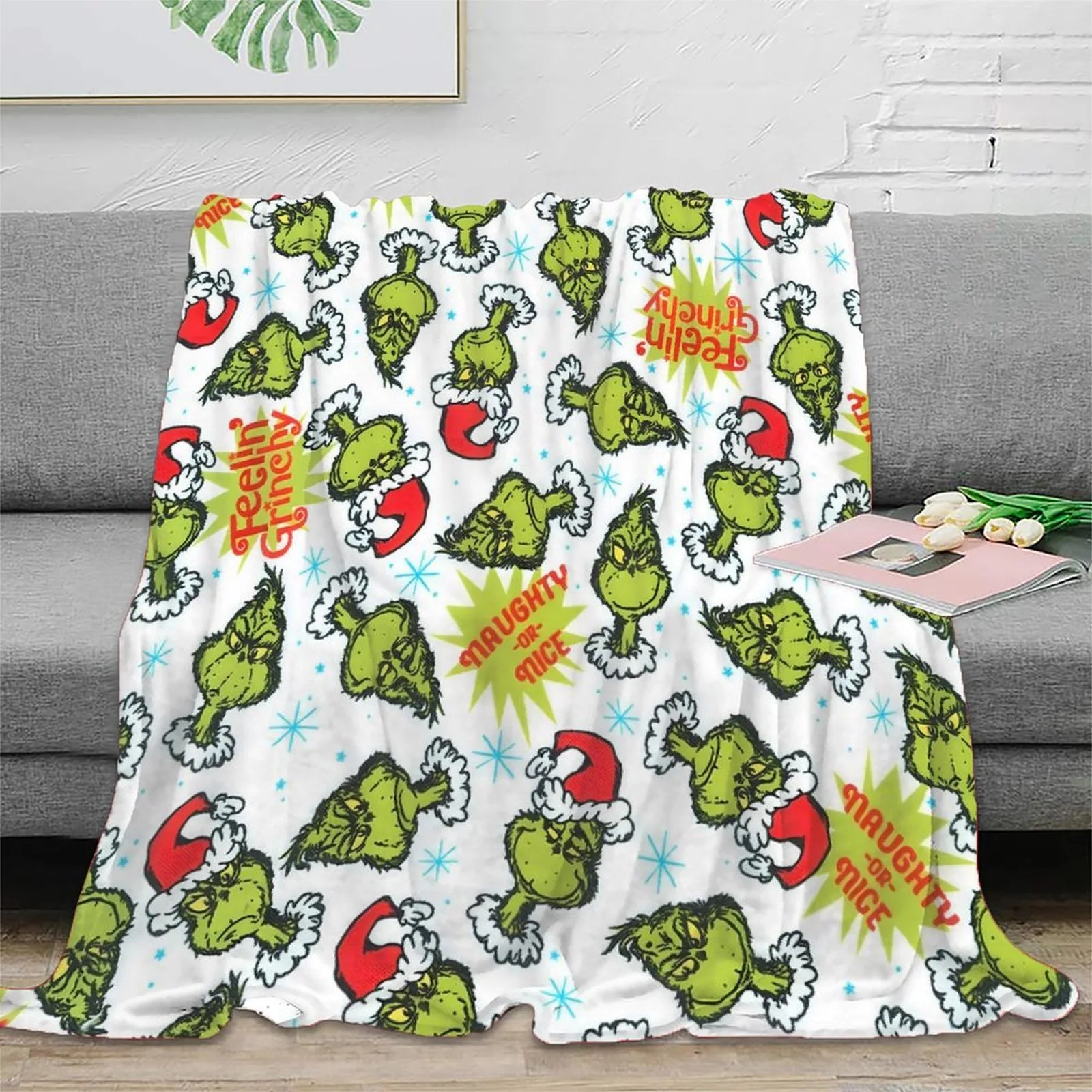 Grinch Feelin' Grinchy Faces White Fleece Throw Blanket - Image 3