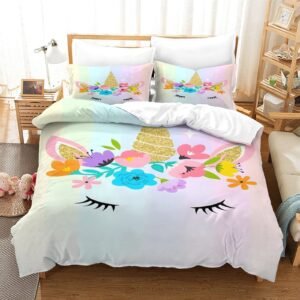 Rainbow Unicorn Flower Crown Pastel Duvet Cover Set - Image 1